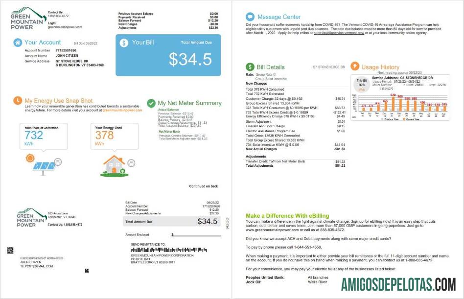 para download Conta de serviços públicos de energia Vermont Green Mountain dos EUA, modelo Word e PDF, 2 páginas